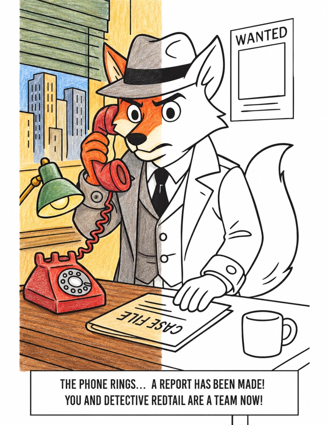 A call for help: half colored, half black-and-white line art