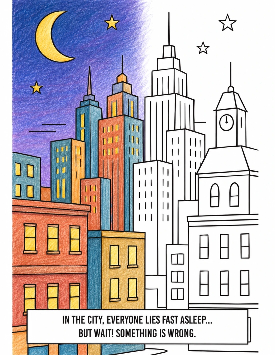 The sleeping city: half colored, half black-and-white line art