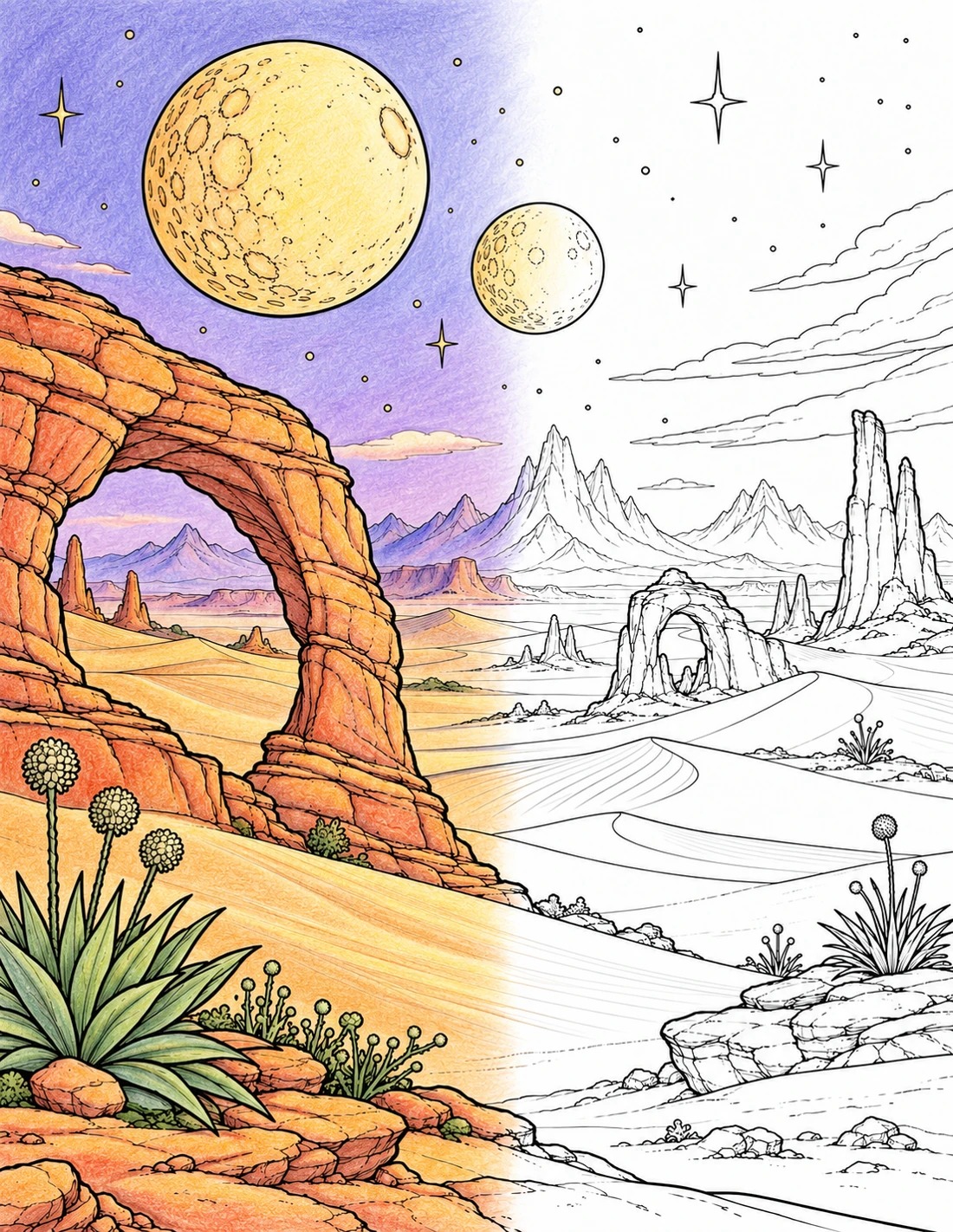 Twin-moon desert: half colored, half black-and-white line art